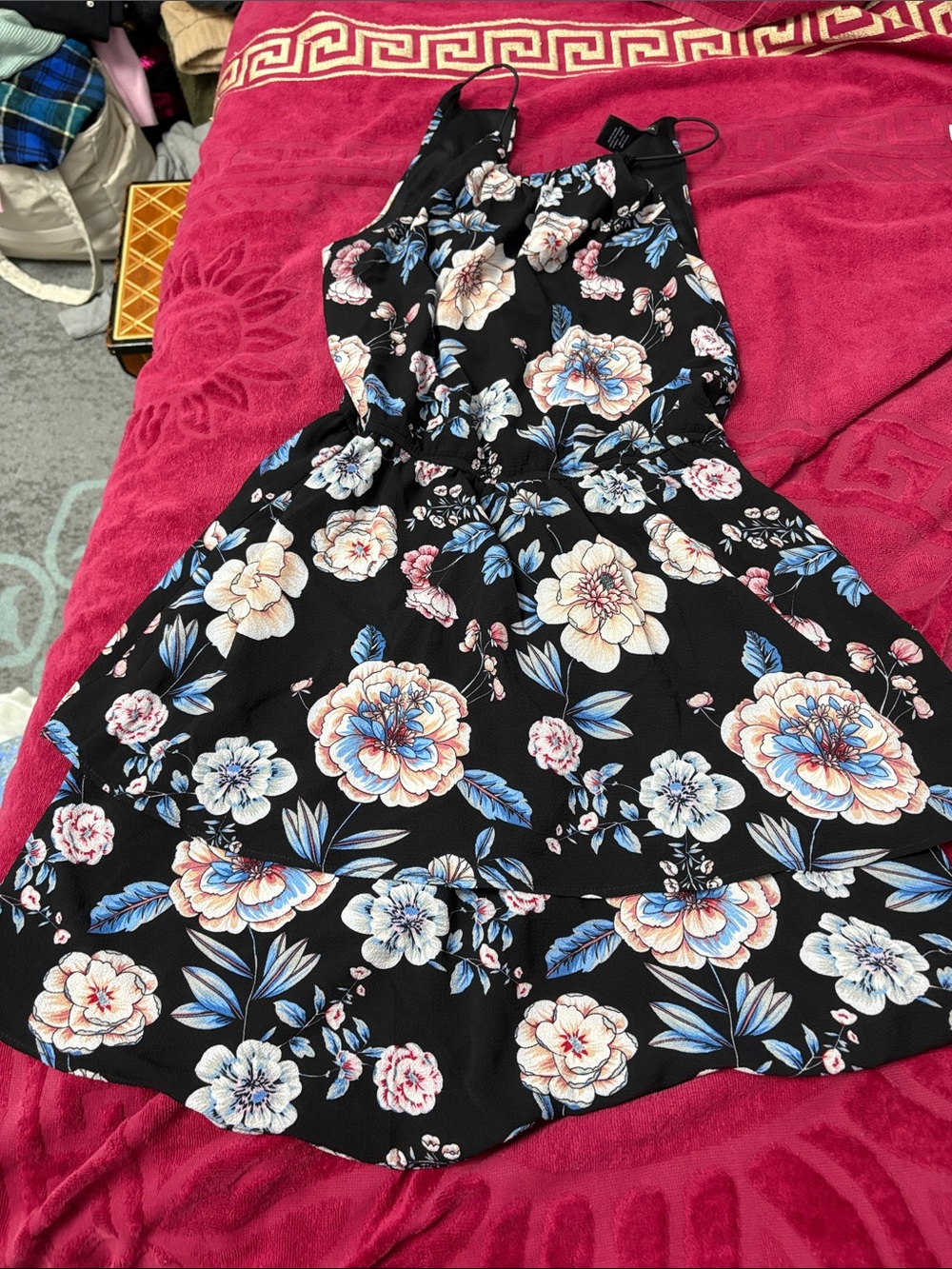 Black Floral Sundress with Blue & Cream Blooms